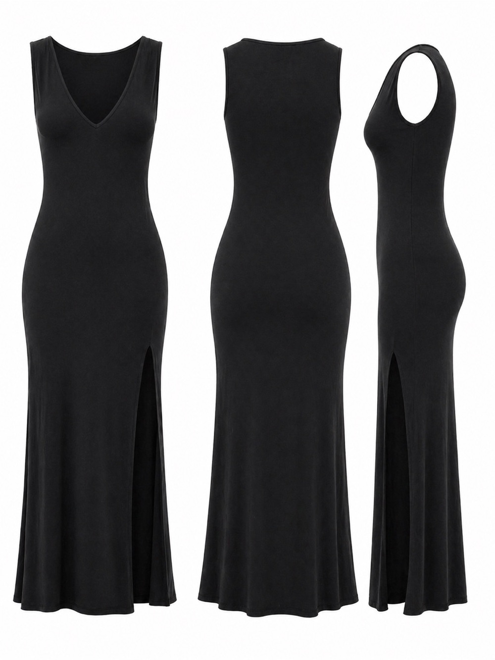 Boutique Black Maxi Dress Elegant Deep V High Slit Minimal Luxe Gown - Picture 5 of 5